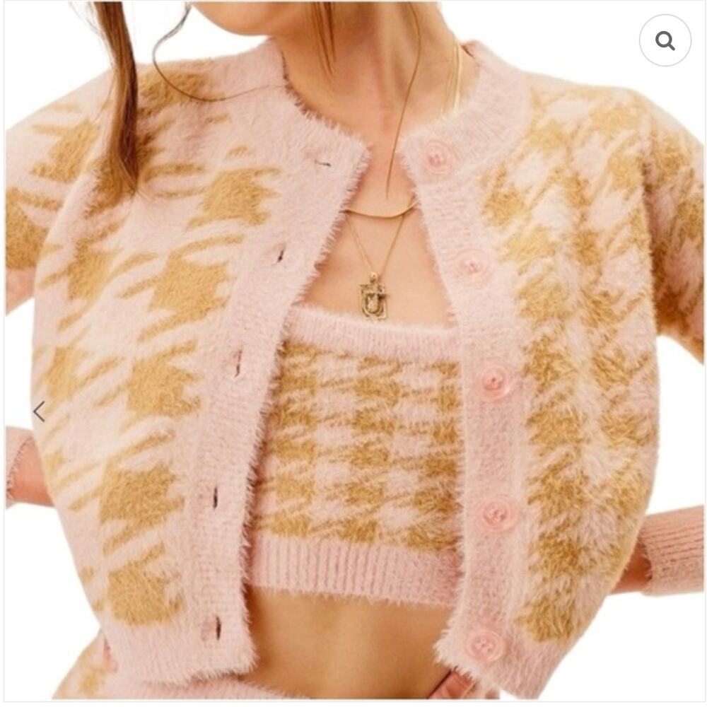 For Love & Lemons Pink Brown Houndstooth Button Cardigan Sweater NWT Sz Large
